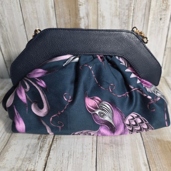 Unbranded Handbags - Vintage Navy Leather & Purple Bird Print Reversible Frame Clutch Crossbody Bag